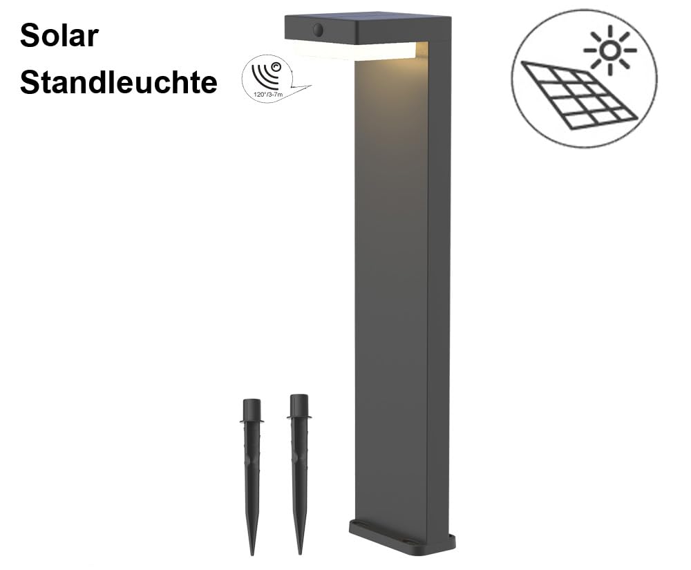 LED Solar Wegeleuchten mit Bewegungsmelder, Solar Standleuchte 3000K 400lm Solarlampen für Außen, Hinterhof, Garten, Rasenbeleuchtung (H=51cm)