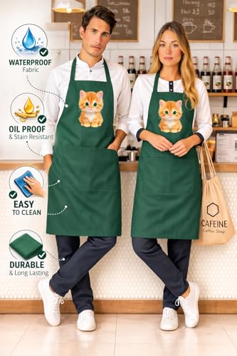 Image of Waterproof Printed Kitchen Apron for Women & Men, Adjustable Neck Cooking Apron with Front Pocket, Oil & Stain Resistant Apron for Cooking, Baking & Kitchen Use