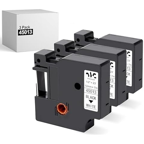 Weemay 3 Pack Compatible with Dymo Label Maker Refills D1 Standard 45013 Label Maker Tape Black on White S0720530 Labeling Tape for LabelManager 160 280 210D 360D 420P PnP 450D Printer, 1/2” W x 23’ L Cover