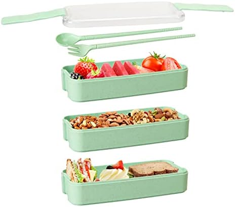 Bento Box, 900ml Lunch Box for Kids Adults with 3 Compartment, Stackable Camping Bento Lunch Box Meal Prep Containers Spoon Fork (Green)