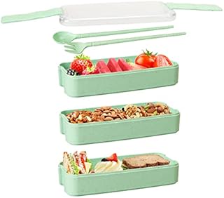 Bento Box, 900ml Lunch Box for Kids Adults with 3 Compartment, Stackable Camping Bento Lunch Box Meal Prep Containers Spoon Fork (Green)