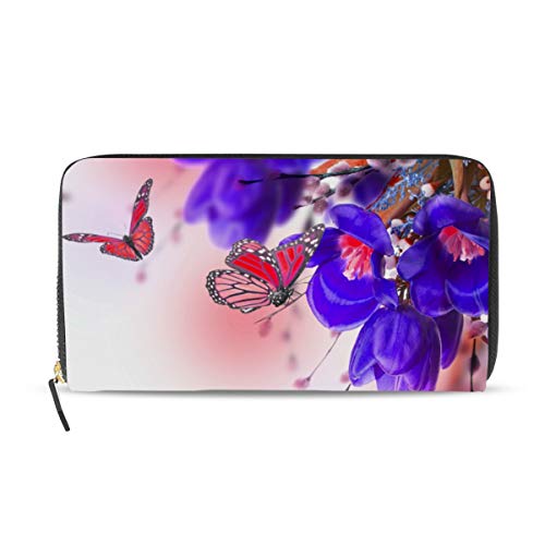 Portefeuille long cuir femme bleu zippé tulipes pour sac à main