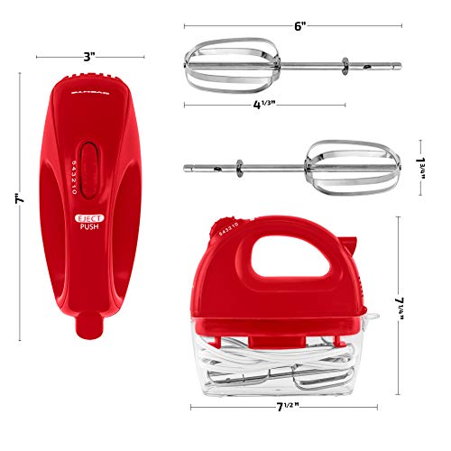 Image of OVENTE Portable Electric Hand Mixer 5 Speed Mixing, 150W Powerful Blender for Baking & Cooking with 2 Stainless Steel Chrome Beater Attachments & Snap Clear Case Compact Easy Storage, Red HM161R