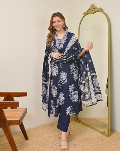 Image of Klosia Women Printed A-Line Kurta and Pant Set with Dupatta | Printed Kurta Set | A-Line Kurta Set | Women Kurta Sets | Summer Suit |