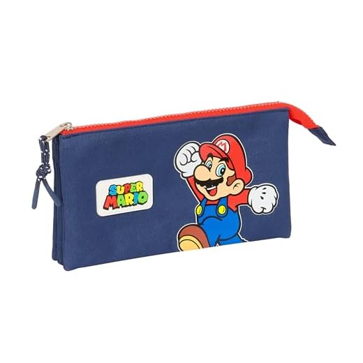 Super Mario World - Portatodo Triple, Estuche Infantil, Estuche Niño, Ideal para Niños en Edad Escolar, Cómodo y Versátil, Calidad y Resistencia, 22x3x12 cm, Color Azul Marino