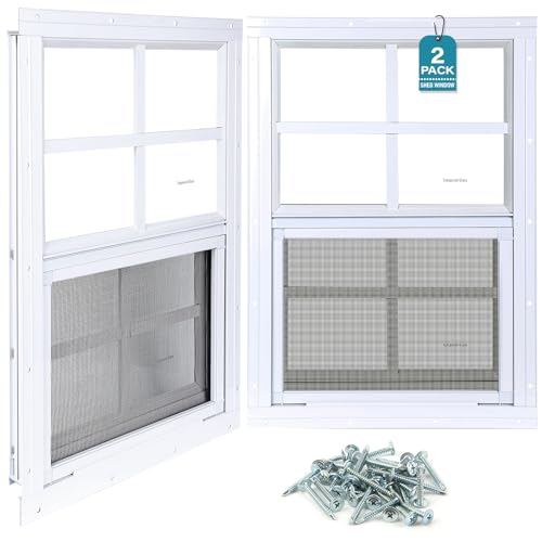 Melkus 2 Pack Shed Windows, 14"x21" Flush Mount Chicken Coop Windows with Thicker Tempered Glass and Screen, Sliding Windows for Chicken Coop, Shed, Garage, Playhouse, Barn,Greenhouse, White by Melkus - Used condition - CA$116.47