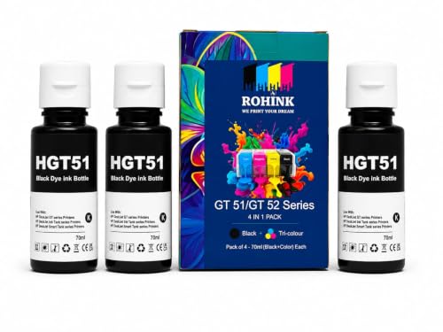 Image of ROHINK GT51 GT52 Ink Refill Dye Ink Compatible with HP Ink Tank 115, 310, 315, 319, 410, 415, 416, 419, 455, 500, 515, 530, 615, GT 5810, GT 5811, GT 5820 (70ML*3 Black)