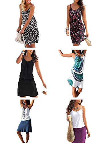 Jusfitsu Women's Summer Casual Dress Strappy Cotton Midi Beach Dresses Print Flare Beachwear Stretchy Black XL - Thumbnail 6