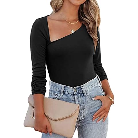 BONITEE Women's Asymmetrical Neck Long Sleeve Ribbed Knit Bodysuit Tops T Shirt Blouse, Black, X-Large Cover