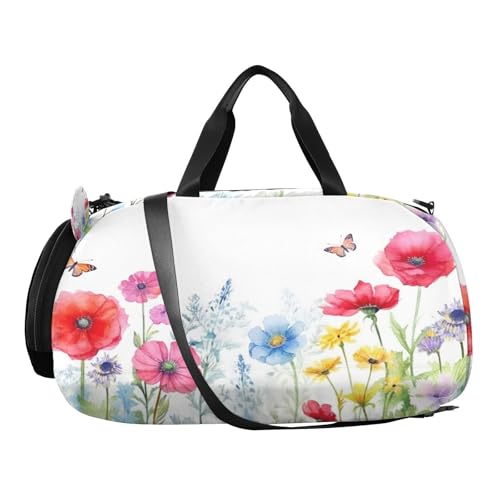 YETTASBIN Sport Travel Duffel Bag for Girls Boys, Herbal Wildflowers Large Waterproof Weekender Overnight Bag, Detachable Shoulder Strap Gym Bag with Shoe Compartment & Wet Pocket2