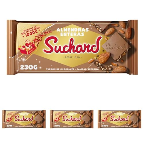 Suchard Tableta de Turrón de Chocolate con Leche con Almendras Enteras y Arroz Inflado 230g (Paquete de 4)
