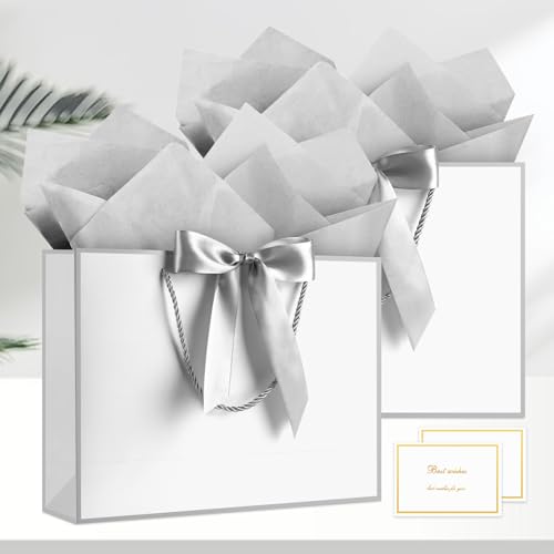 Image of JMANNI Gift Bags with Handles, 13 inch Medium Gift Bag for Presents, 1 Pcs Bags with 2 Tissue Paper and 1 Cards for Baby Shower Wedding Bridal Shower Mother's Day Birthday Party (Silver)