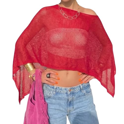 Women Sheer Poncho Top Crochet Lightweight Shawl Beach Cover Up Rave Festival Vacation Outfits Summer Going Out Tops Red