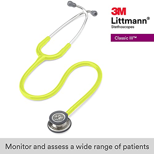 Image of 3M Littmann Classic III Monitoring Stethoscope, 5839, More Than 2X as Loud, Weighs Less, Stainless Steel Chestpiece, 27 inch Lemon-Lime Tube (Pack of 3)