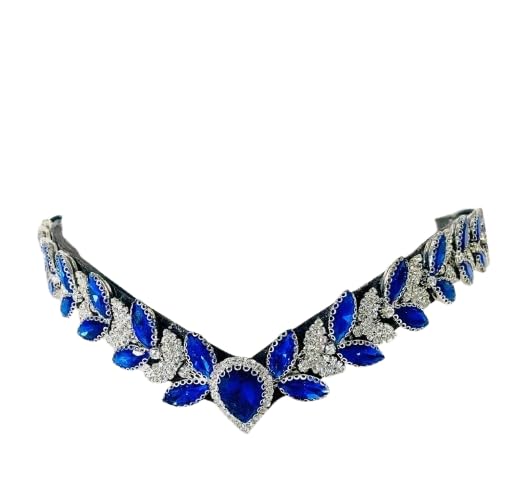 Benz Equestrian Crystal Drop V-Shape Browband for Horse 17" in Sapphire Blue and Silver (Extra-Full , Black Leather)