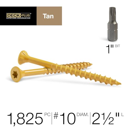 Image of Deck Plus 2-1 /2 Inch Epoxy Coated Exterior Wood and Fence Screws #10 x 2-1 /2 inch Torx /Star Drive Included Coarse Thread, Outdoor Rust Resistant Decking Screw, Tan, 25lb Box, 1825 Pieces | 48417