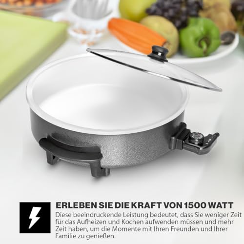 Clatronic® Partypfanne | Multifunktionspfanne zum Kochen, Braten und mehr | Keramikbeschichteter Bräter mit Deckel | Elektrischer Topf mit Thermostat | Ø 42 cm, T:9 cm | PP 3570 C