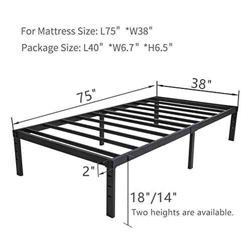 Image of Wulanos Twin Size Bed Frame 18 inches Tall, 3500lbs Heavy Duty Metal Platform with Steel Slats Support, No Box Spring Needed, Sturdy and Noise-Free, Black