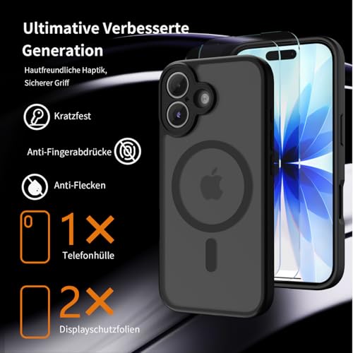 CLFZON für iPhone 17 Hülle (Kompatibel mit MagSafe) mit 2 Schutzfolie, (Vollständiger Kameraschutz) Kratzfest Transluzente Rückseite Magnetisch Handyhülle, Schwarz