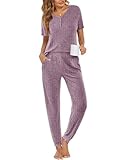 Ekouaer Pajamas for Women Set 2 Piece Rib Knit Lounge Set Joggers Loungewear Short Sleeve Pjs with Pockets Purple