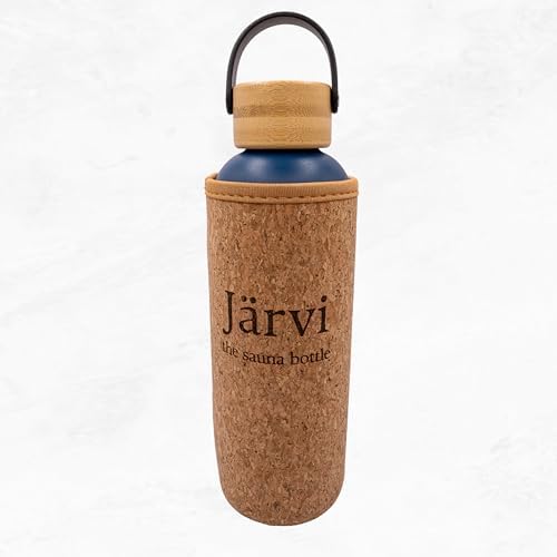 Jarvi The Sauna Bottle - 18 oz / 550 ml Icy Cold Water & Cool to Touch even in Hot Saunas - Natural Cork x Neoprene Outer Layer - Double Wall Insulated Steel Bottle. (Deep Blue, Medium)