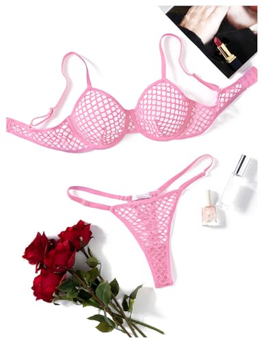 Avidlove Sexy Underwire Push Up Fishnet Mesh Sheer Lingerie Set See Through Panty Bra 2 Piece Deep Pink