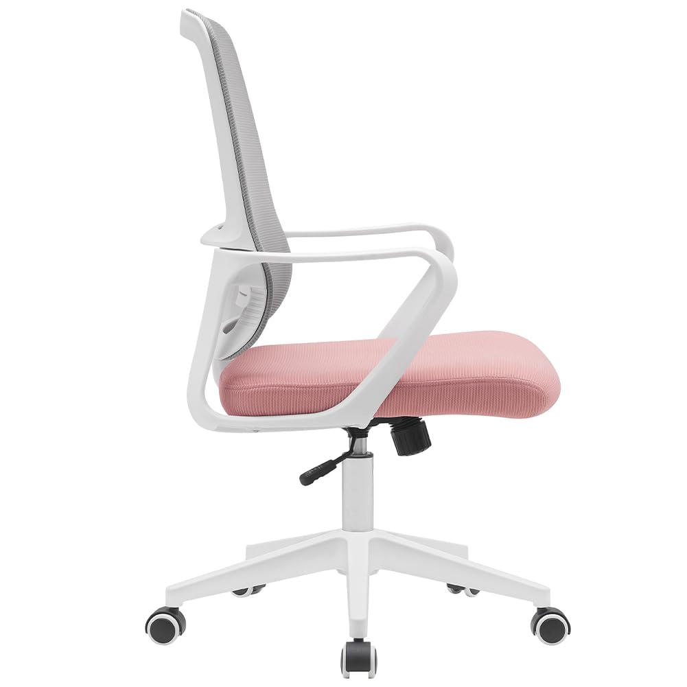 BAKAJI Silla de Escritorio ergonómica con Ruedas giratorias antiarañazos, Respaldo de Tela Transpirable y Soporte Lumbar, sillón de Estudio u Oficina, Ajuste de la Altura del Gas 98-108 cm (Rosa y