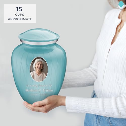 Image of Geturns - Adult Cremation Urns for Human Ashes I Large Pearl Light Blue Photo Funeral Urn for Female and Male I 200 lbs