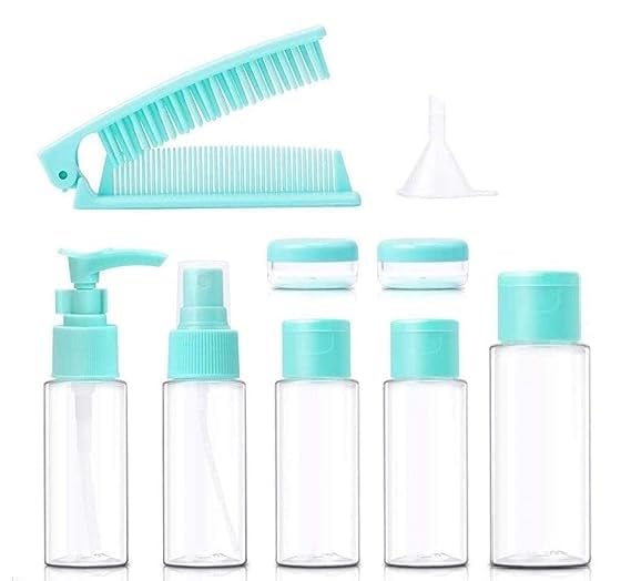 Mincer Leak Proof Portable Toiletry Empty Sprayers Bottle Containers Set | Cosmetic Toiletries Travel Pouch Refillable Spray Bottles Kit for Lotion Body Wash (Green) (9 Pcs)-image-49