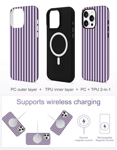Coque iPhone 16 Pro MagSafe antichoc violette à rayures esthétiques - 3