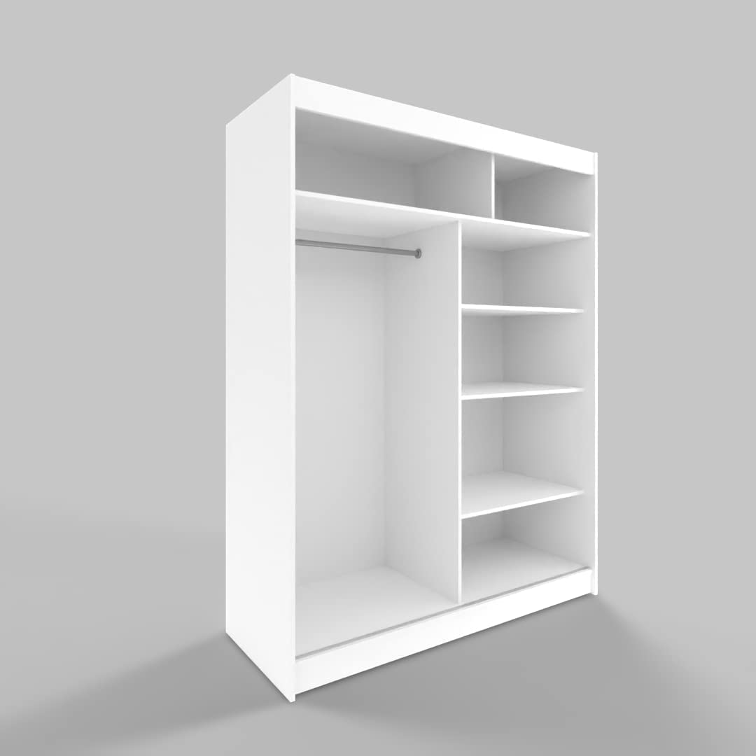 ML Furniture C5 Schiebetüren Kleiderschrank 150 x 200 x 58 cm mit Spiegel - Schlafzimmermöbel, Aufbewahrung - Mehrzweckschrank - Farbe: Weiß - 2 Schiebetüren