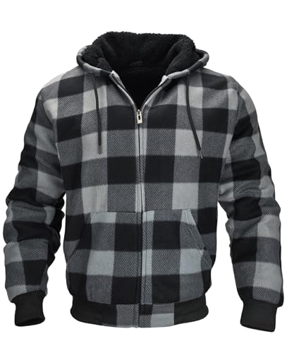 Men's Zip Up Fashion Hoodies Fleece Sherpa Lined Winter Warm Sweatshirt Plaid Flannel Hooded2