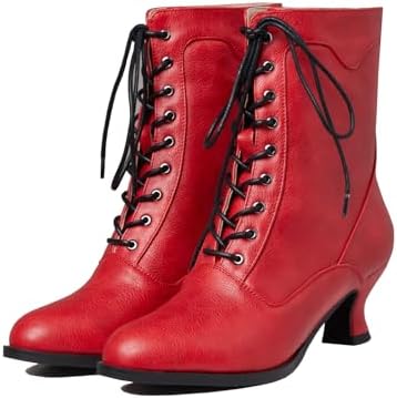 Women's Victorian Ankle Boots - Mid Calf, Round Toe, Black Boots with Chunky Heel & Lace Up Detail