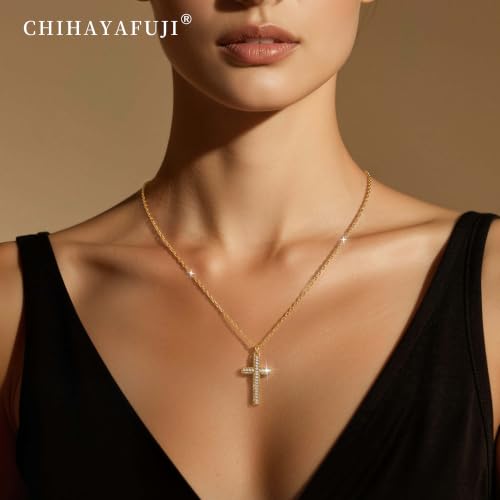 Chihayafuji Cross Necklace for Women 14k Gold/Silver Plated Trendy Cubic Zirconia Chunky Cross Charm Pendant Necklace Dainty Faith Chain Statement Non-Tarnish Jewelry Gifts by Chihayafuji - Used condition - Image 2