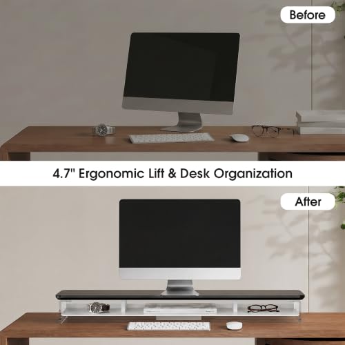 Image of Fenge 42.5 inch Dual Monitor Stand with Clear Acrylic Legs, Black | Clear Acrylic, Storage Compartment, 2-tier Home Office Monitor Riser, Wide Large Desktop Shelf Fit Monitor /Laptop /Printer
