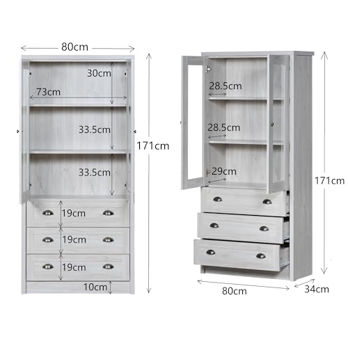 QXJVA Vitrina blanca efecto madera 80 x 34 x 171 cm estilo rústico armario archivador alto con puertas de cristal 3 cajones armario salón librería vintage tiradores pasillo - imagen 2
