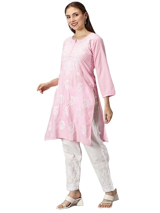 Image of FCH, Fashionable Chikan Handikraft Women's Cotton Lucknowi Chikankari Printed Straight Kurta for Regular Wear Girls Flared Kurta