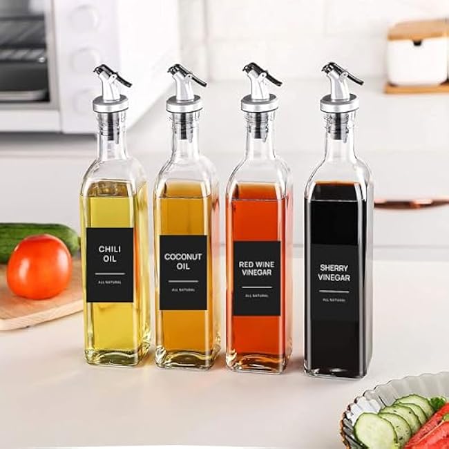 50 Oil and Vinegar Labels for Bottles,Preprinted Condiments Label Stickers for Organizing Oil Dispenser Bottles, Black Matte Minimalist Oil Jar Labels
