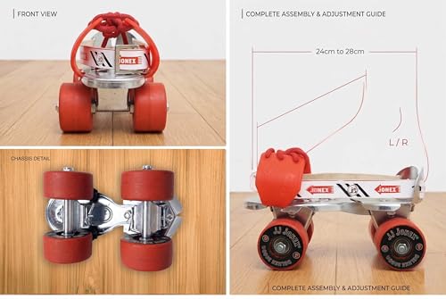 Image of Jonex Unisex Deluxe Adjustable Quad Roller Skates for Junior Kids (3-6 Years), Indoor Outdoor Wheels, Metal Body, 55 mm Wheels, Color - Red