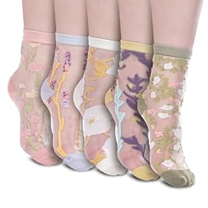 CoolChange Transparante damessokken met bloemen en planten, glanzende dameskousen, 5 paar, beige, 35/40 EU