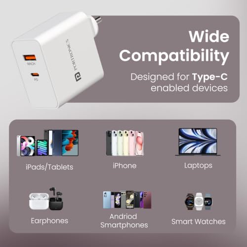 Image of Portronics 45W Adapto 45B Dual Port Fast Charging Adaptor with Type C PD Port & USB-A Port, 1M Type C Cable, PPS Technology, Supports iPhone, Samsung, Tablets & Laptops(White)