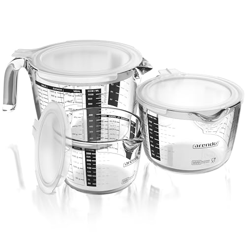 Arendo - Messbecher Set aus Glas mit Deckel - Größen 250ml, 500ml, 1000ml (0,25l 0,5l 1l) – Messkrug Glas Krug – Borosilikatglas – präzise Skala – hitzebeständig – Mikrowellen geeignet