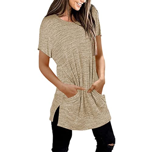 Camiseta para mujer, cuello redondo, manga corta, camiseta de verano, monocolor, túnica, holgada, informal, manga corta, con bolsillo, elegante, informal, camiseta larga, caqui, L