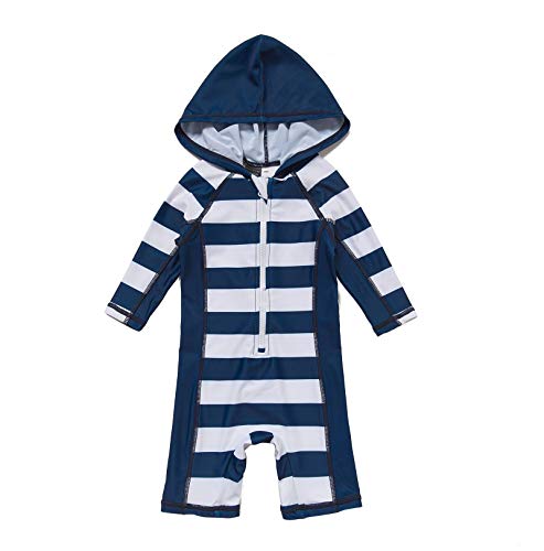 Baby Boy One-Piece Hooded Swimsuit Long Sleeve UPF 50+ Sun Protection Sunsuit (3-6 Months, Navy Striped)