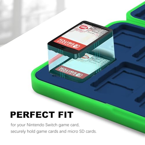 Image of FYY Nintendo Switch Game Case Holder for Switch 2 Cartridge Case with 24 Game Card Slots & 48 Micro SD Card Slots, Hard Shell, Silicone Lining Green Navy