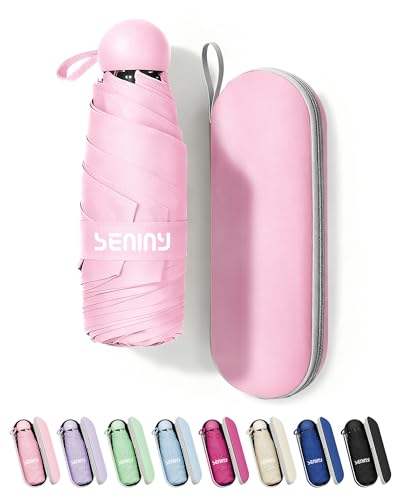 Seniny Mini Portable Travel Umbrella with Case - Compact Umbrellas for Rain & Sun UV Protection for Backpack Pocket Lightweight Folding Small Umbrella Tiny Purse Size UV Blocker for Kids Women Girls