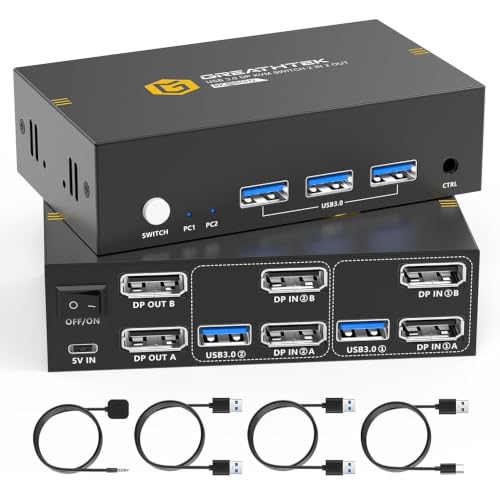 Image of 8K@60HZ Displayport KVM Switch 2 Monitors 2 Computers ，USB3.0 DP 8K@60HZ Dual Monitor KVM Switcher for PC /Laptop Share Keyboard Mouse,Support DP1.4,EDID Adapatively