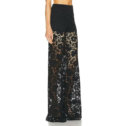 Women Sexy Floral Lace Pants Solid Color High Waist Straight Pant Casual See Through Lace Long Pant Streetwear2