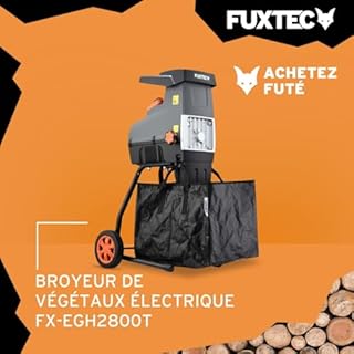 FUXTEC Broyeur de végétaux électrique FX-EGH2800T – 2800W – Système à rouleaux silencieux 92 dB – Branches Ø 44 mm – Sac toile 60 L – Marche arrière – Protection surcharge IPX4