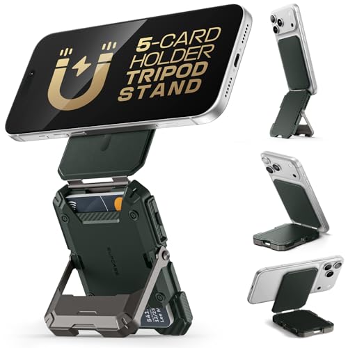 SUPCASE Porte-Cartes Magsafe avec Support, Portefeuille Magnétique 3000g [Maintien 5 Cartes] [Blocage RFID] Réglable Support Téléphone Trépied Wallet pour iPhone 17/16/15/14/13/12 Série, Vert